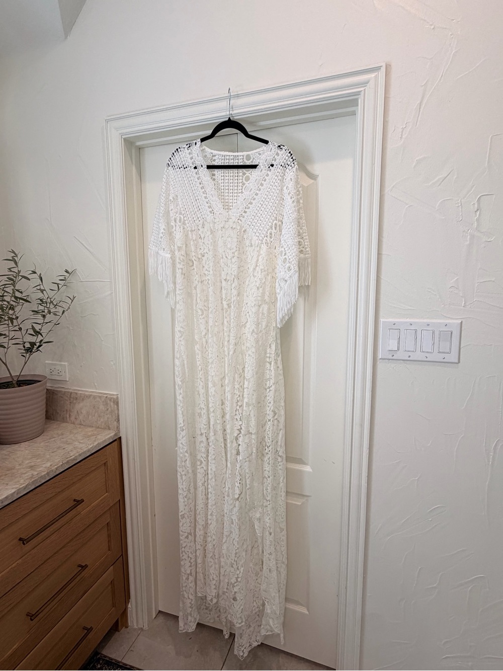 Elegant White Lace Maxi Dress with Fringe Details